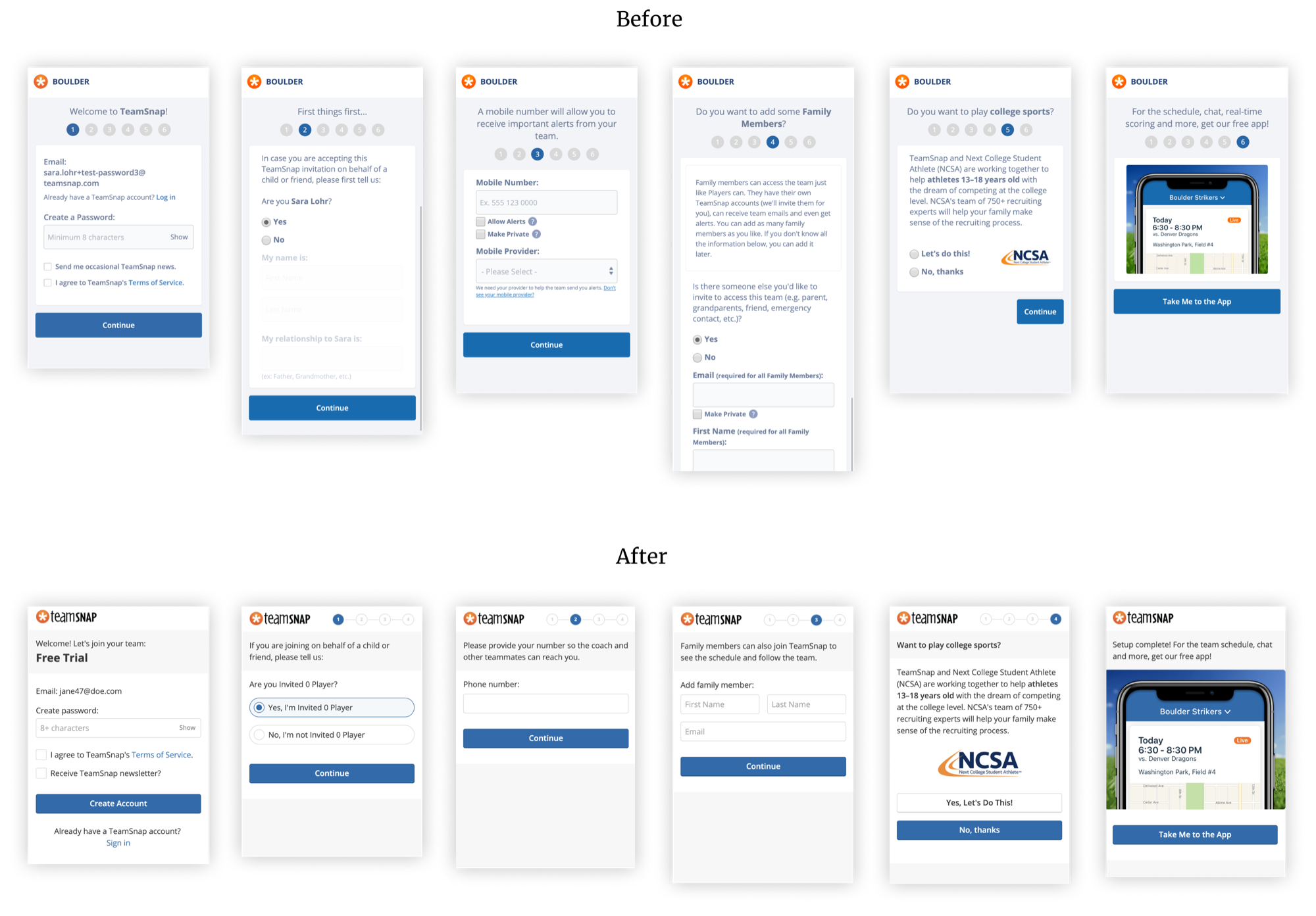Comparison of before and after onboarding designs.
