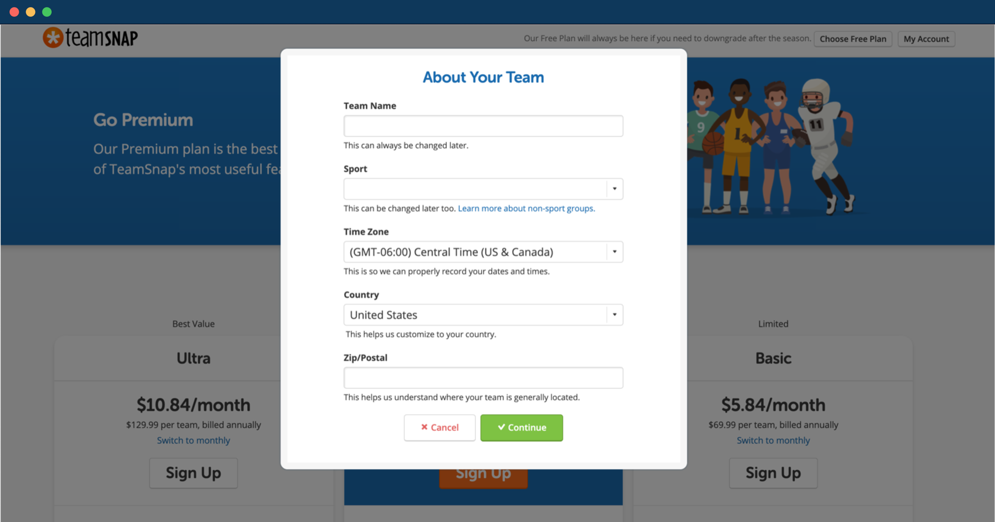 Control experience with plan selection required before team creation.