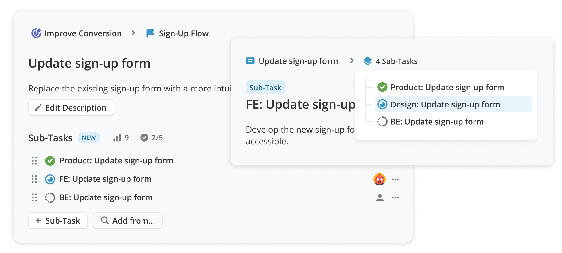 Shortcut Core UX hero showing sub-tasks within the product workflow.