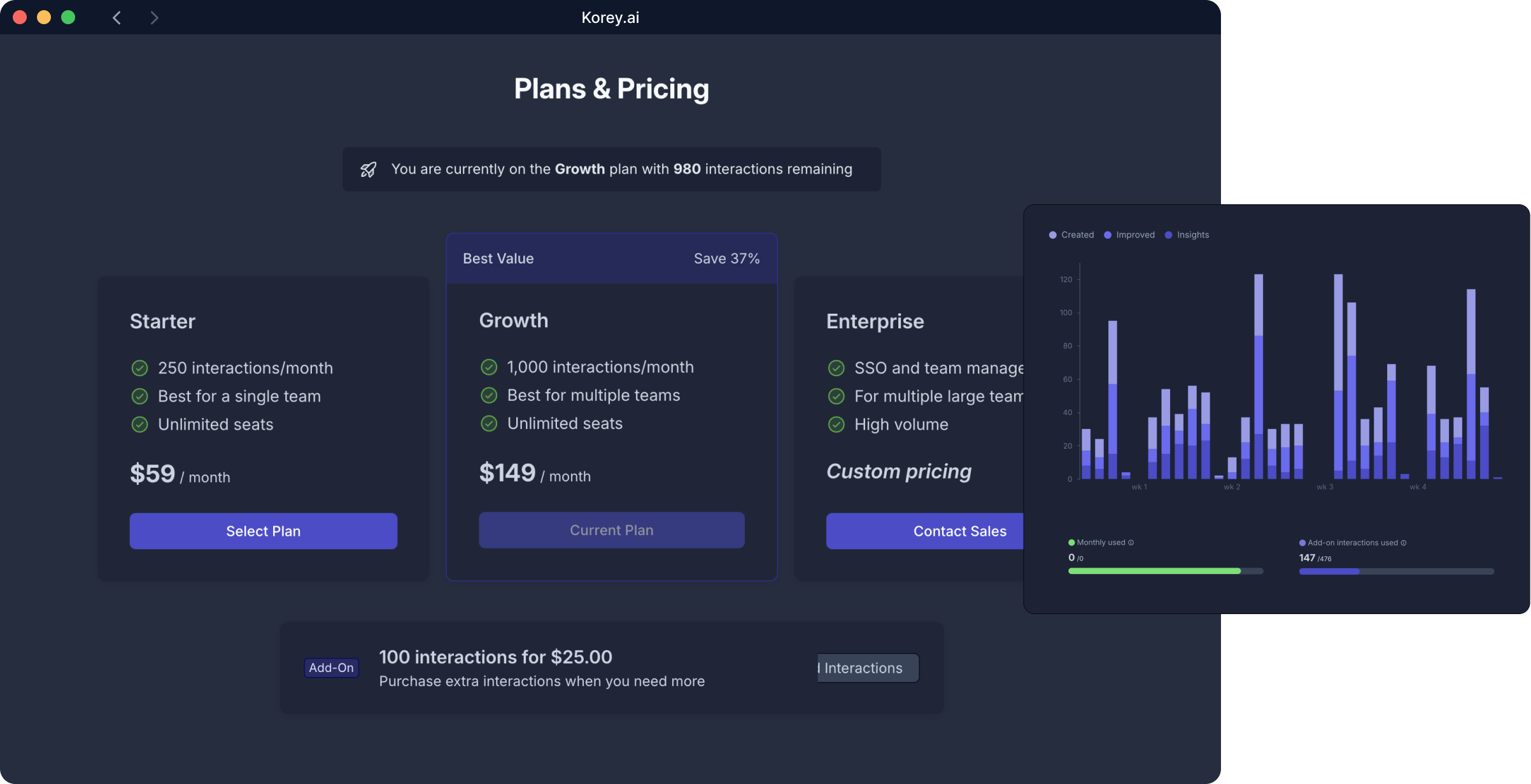 Korey billing view showing pricing, plan selection, and usage metrics.