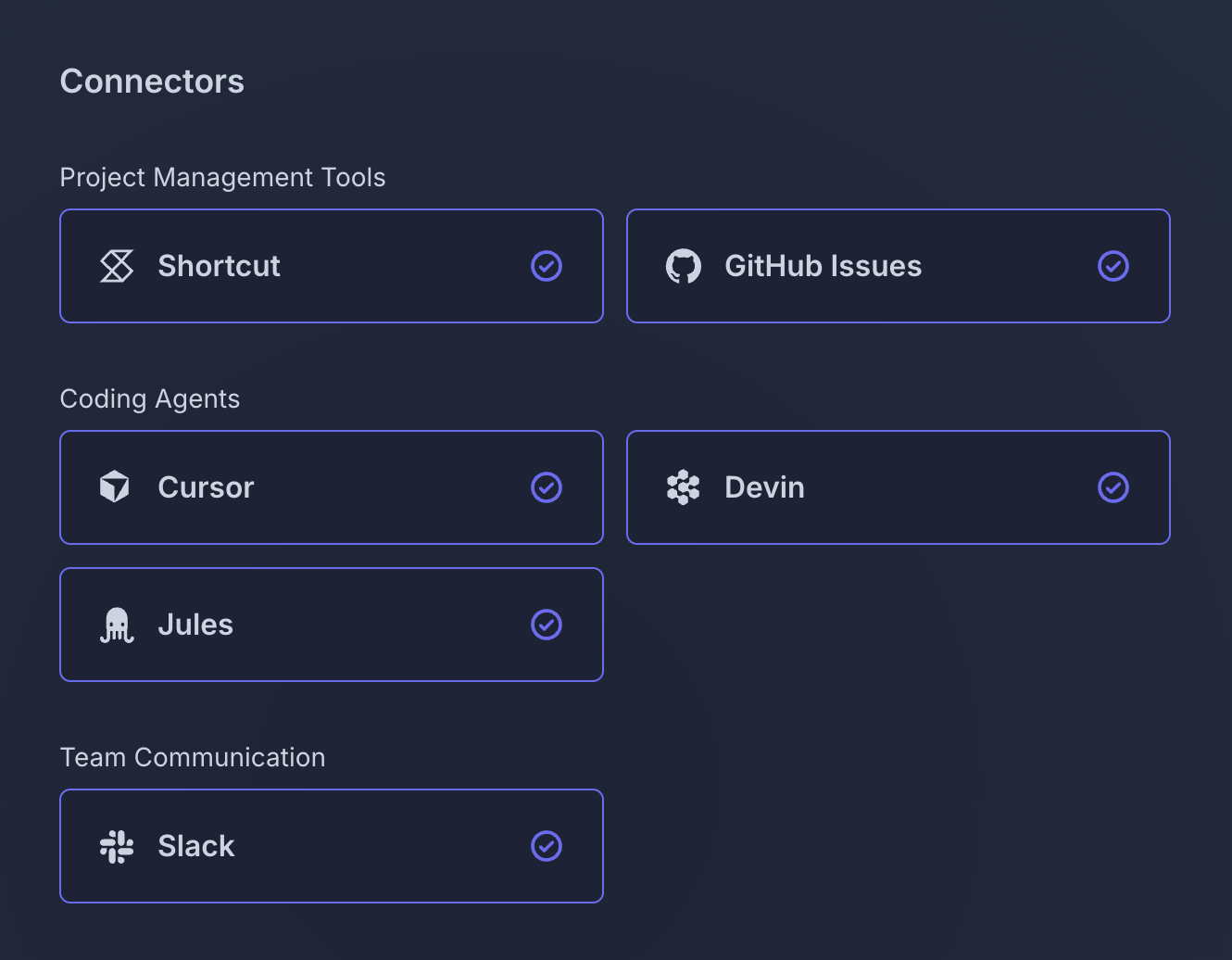 Korey connectors screen showing connected project management, coding agent, and communication tools.