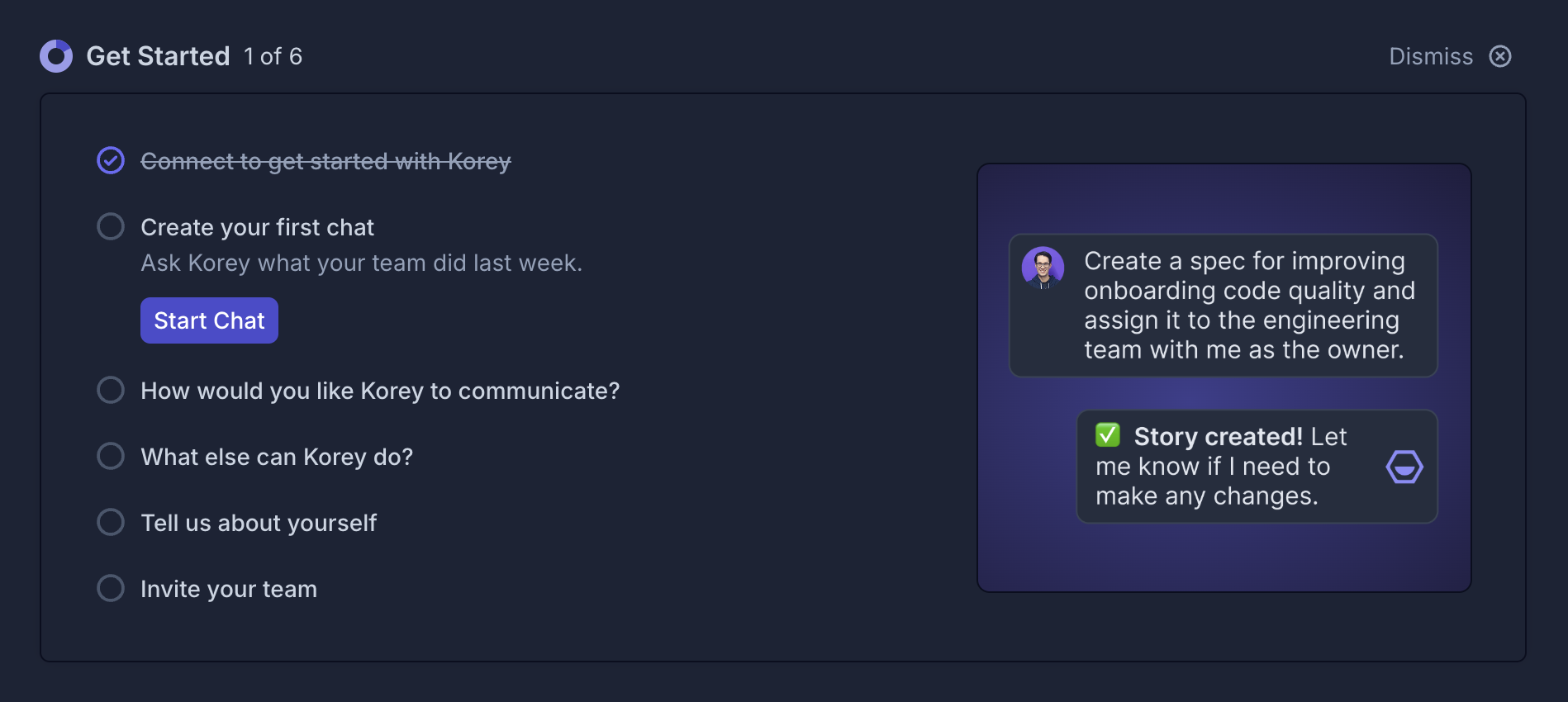 Korey onboarding flow showing the first step of connecting tools to get started.