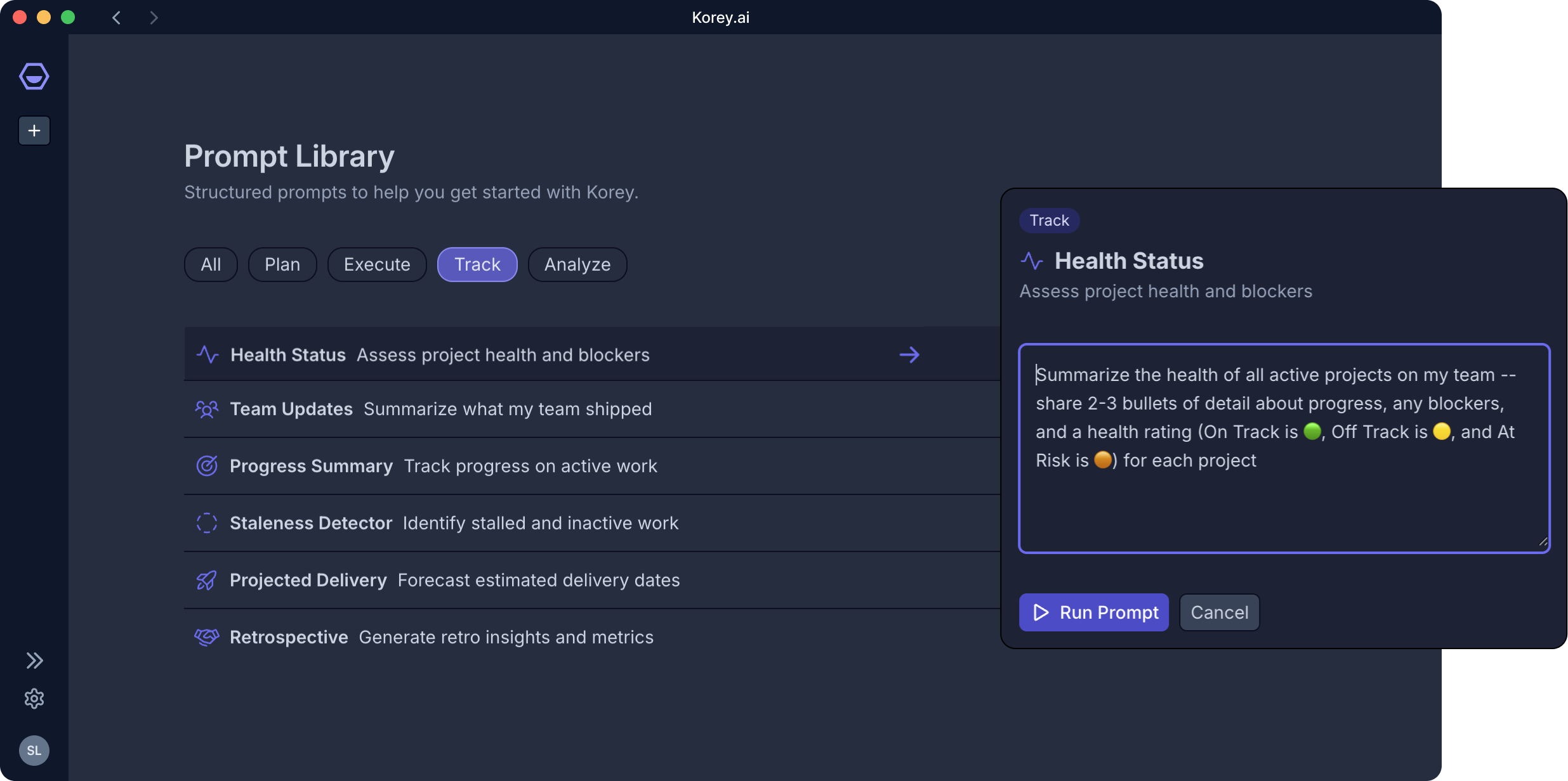 Korey prompt library interface with structured prompts for planning, execution, and analysis.