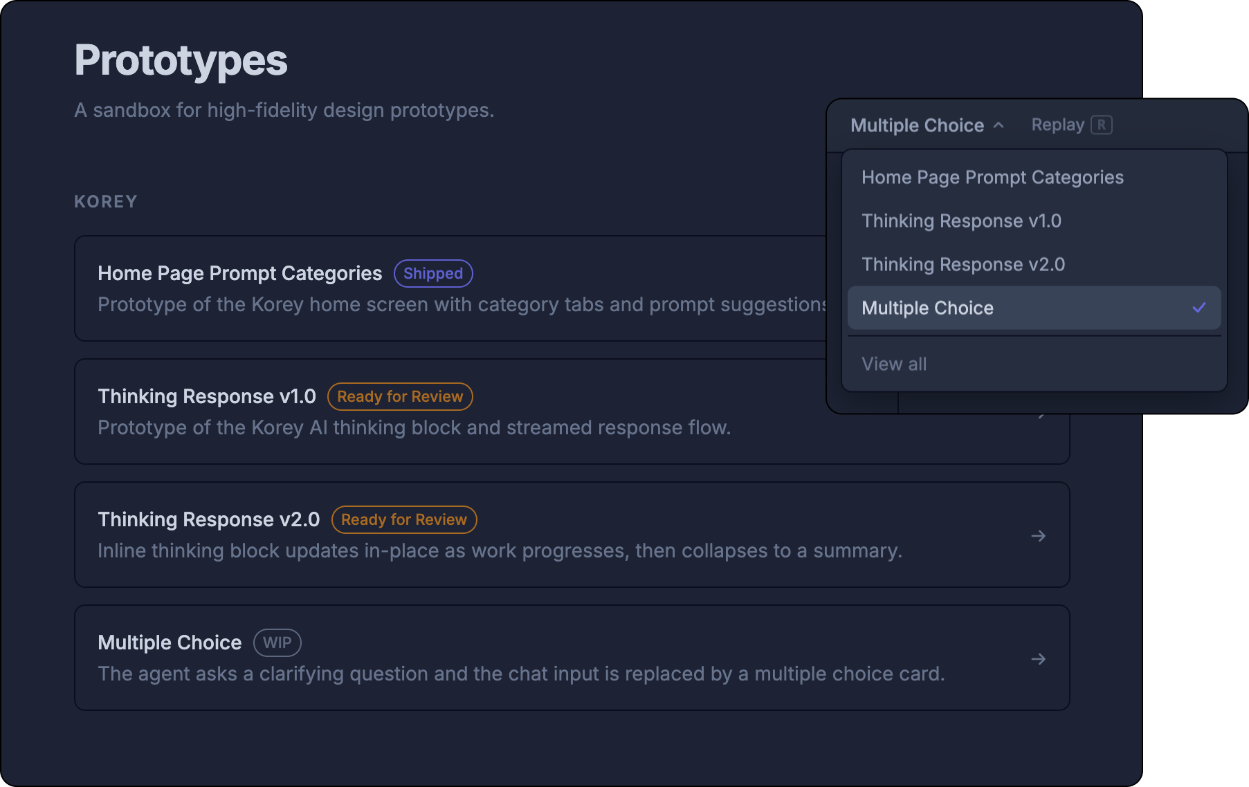 Internal prototype app used to explore Korey concepts in code with status tracking and design review context.