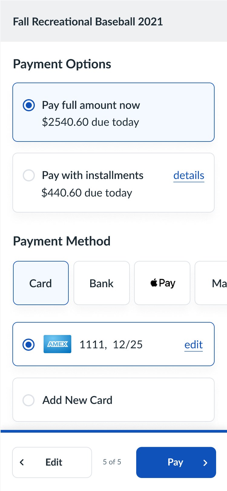 Payment step after redesign.