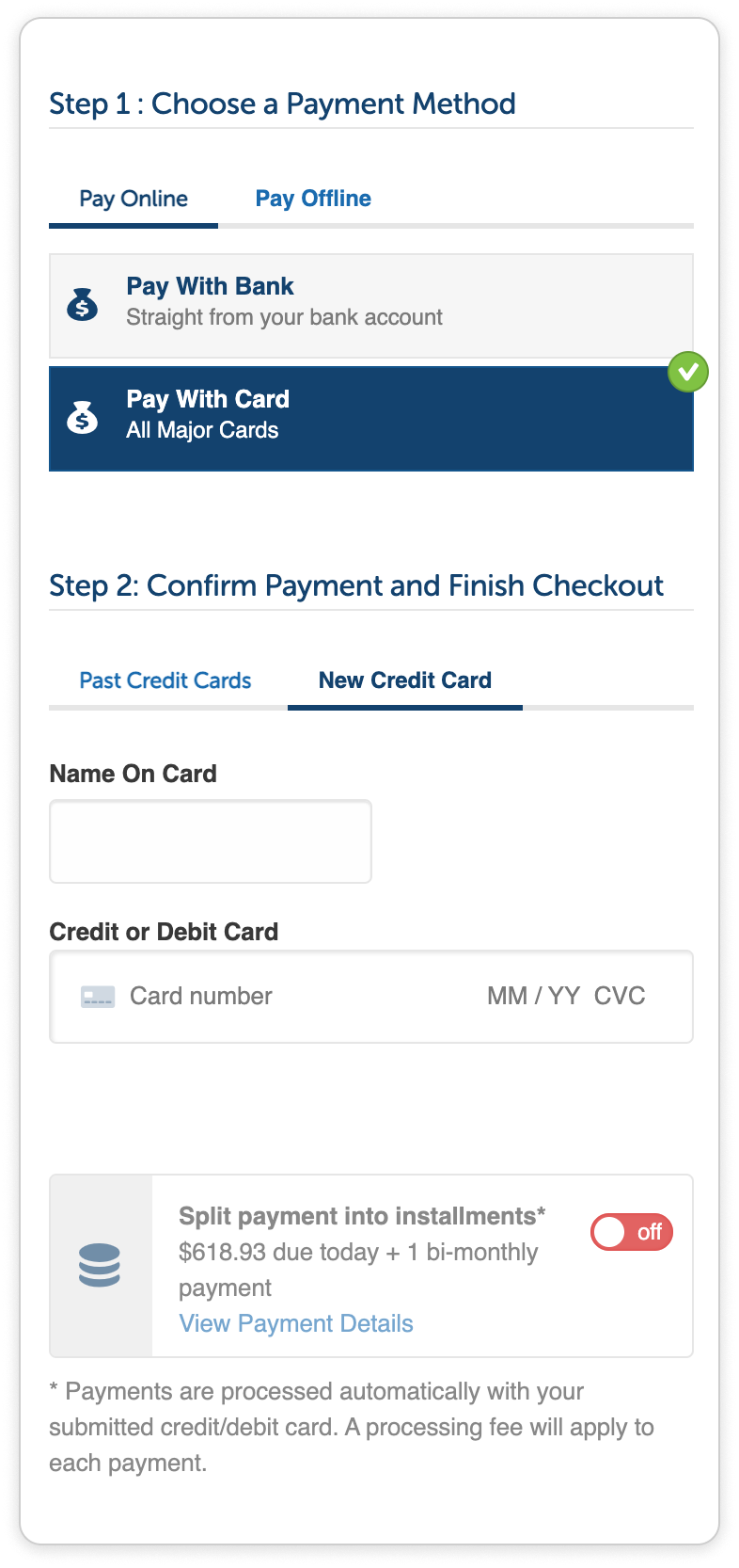 Payment step before redesign.