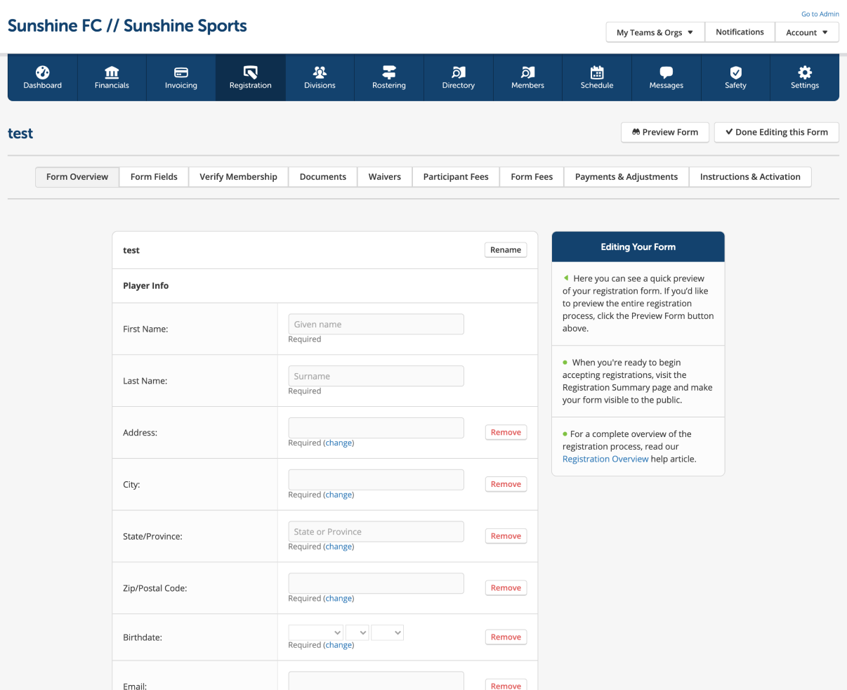 Registration builder before redesign