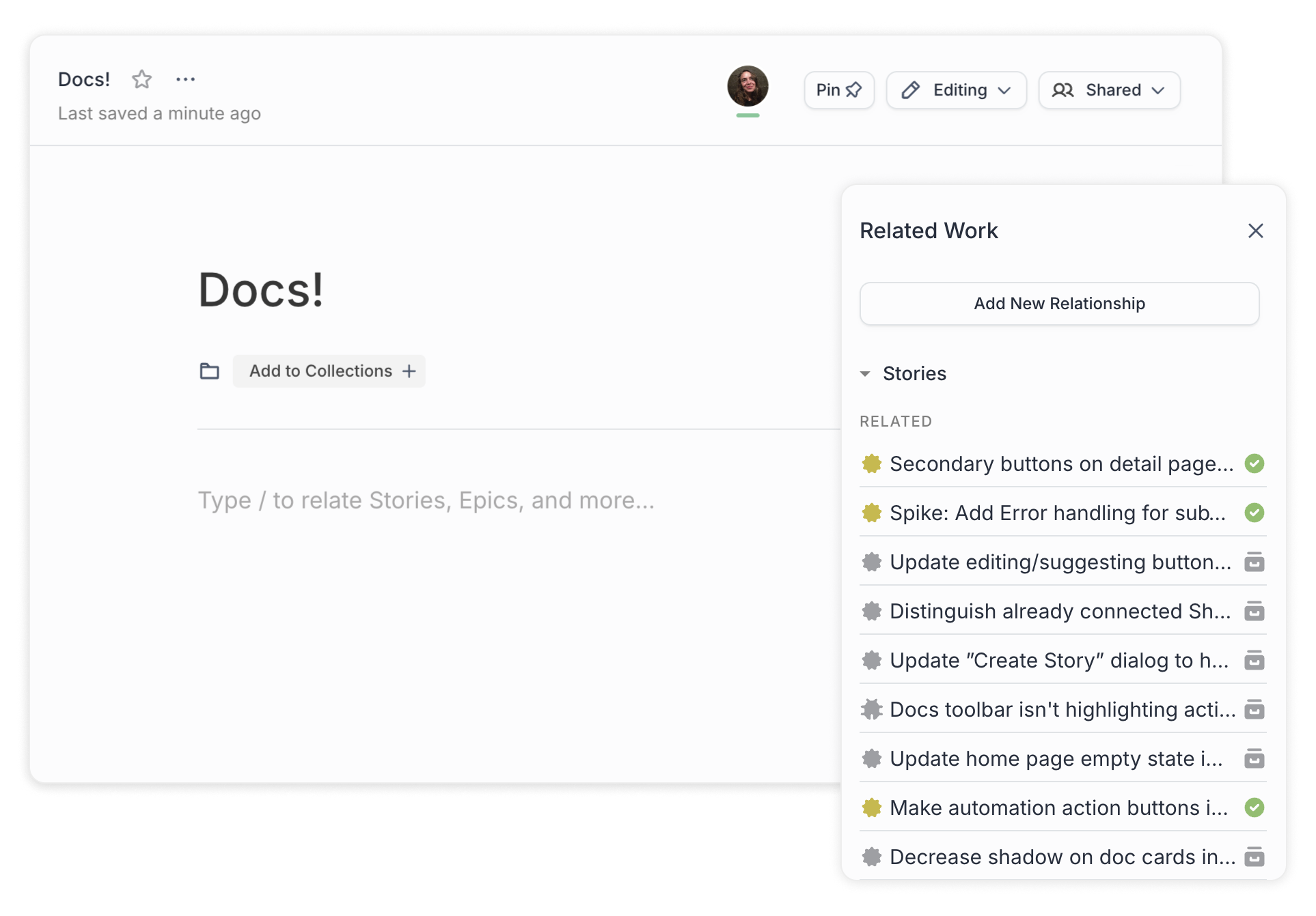 Shortcut Docs showing collaborative editing, sharing controls, and product integration.
