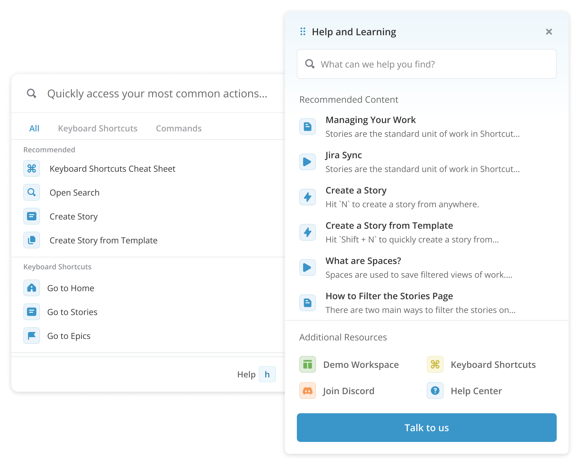 Shortcut help and commands interface showing contextual articles and in-app assistance.