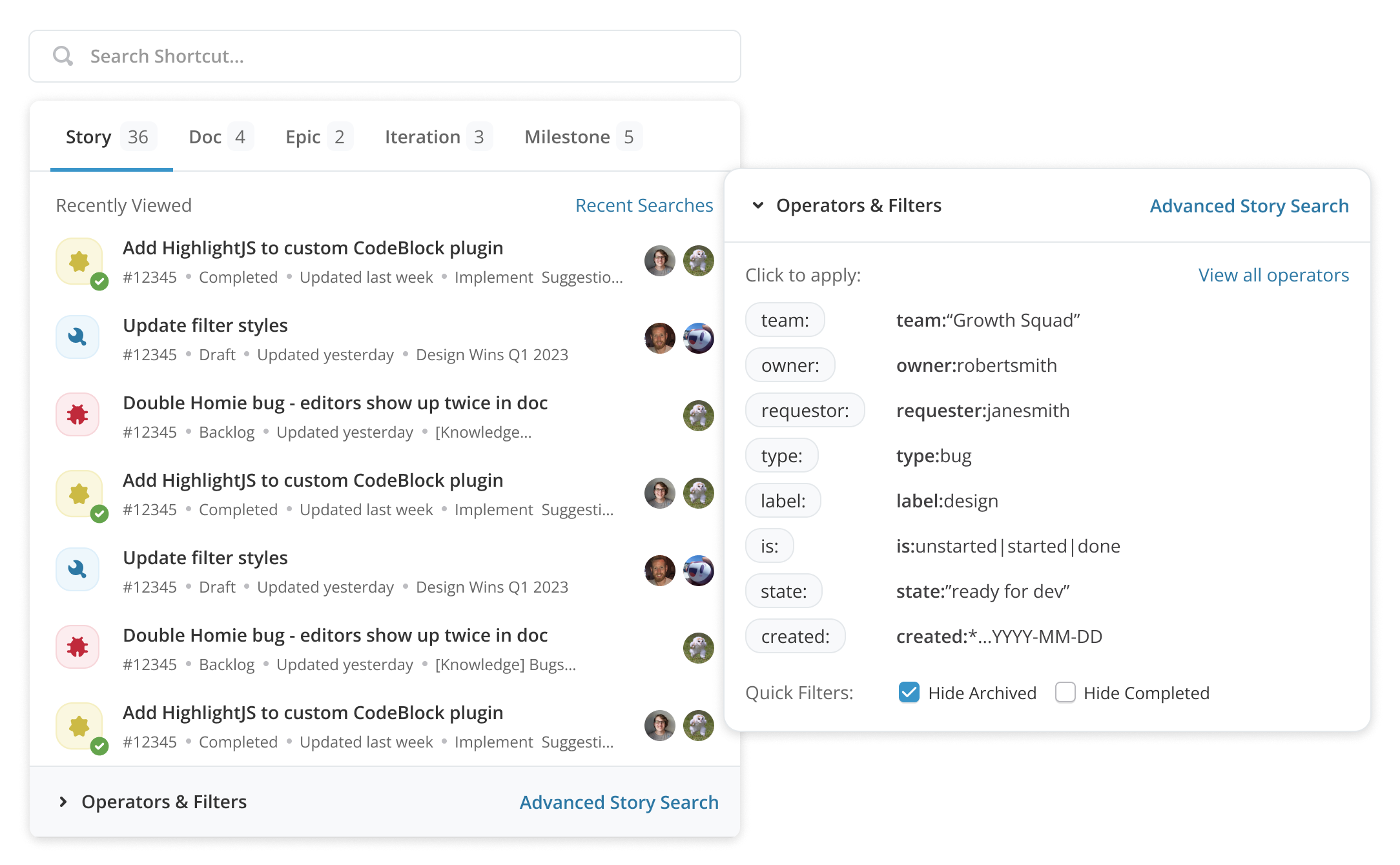Shortcut unified search interface with recents and smart search term completions.